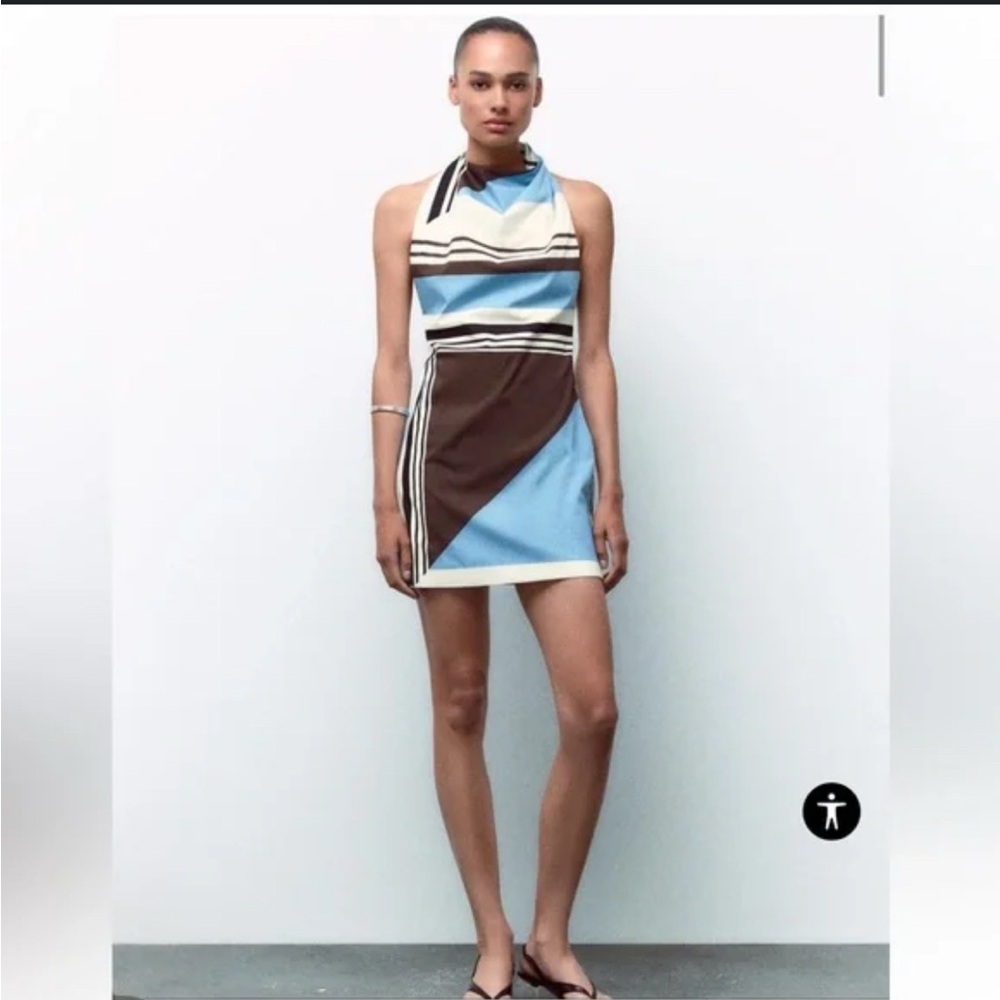 Zara Blue and Brown Halter Geometric Mini Dress